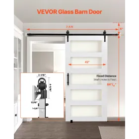 Sliding Barn Door, 1067 x 2134mm, High-Strength MDF Panel and Glass, Barn Door with Hardware Kit, Water-Proof PVC Surface, Easy 