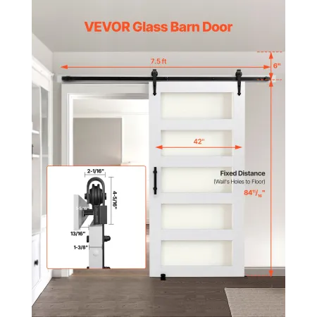 VEVOR Sliding Barn Door, 1067 x 2134mm, High-Strength MDF Panel and Glass, Barn Door with Hardware Kit, Water-Proof PVC Surface,