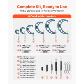 VEVOR 6 PCS Micrometer Set, 0-1/1-2/2-3/3-4/4-5/5-6/in Machinist Outside Micrometer, Precision Accuracy, Professional Machinist 