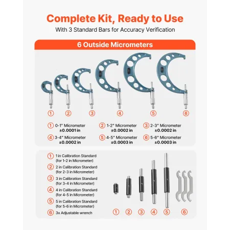 VEVOR 6 PCS Micrometer Set, 0-1/1-2/2-3/3-4/4-5/5-6/in Machinist Outside Micrometer, Precision Accuracy, Professional Machinist 