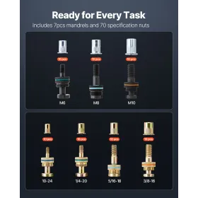 VEVOR Rivet Nut Tool Kit, 340 mm Two-Handed Rivnut Tool Kit, with 7 Mandrels and 70 Nuts, Metric and SAE Size M6, M8, M10, 10-24