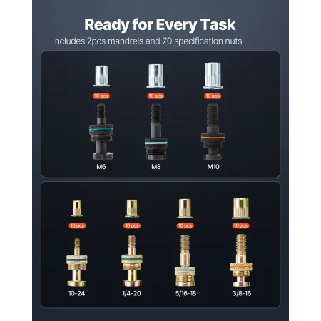 VEVOR Rivet Nut Tool Kit, 340 mm Two-Handed Rivnut Tool Kit, with 7 Mandrels and 70 Nuts, Metric and SAE Size M6, M8, M10, 10-24