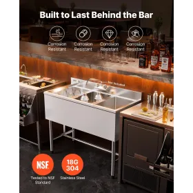 3 Compartment Sink, 18-Gauge 304 Stainless Steel, 254x356x254 mm Bowl Size, 3 Bay Commercial Under Bar Sink with Backsplash and 