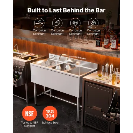 VEVOR 3 Compartment Sink, 18-Gauge 304 Stainless Steel, 254x356x254 mm Bowl Size, 3 Bay Commercial Under Bar Sink with Backsplas