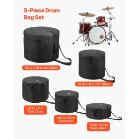 VEVOR 5-Piece Drum Case Set, 600D, Padded Drum Bags for Bass, Tom, and Snare, Thick Padding, Lightweight Protective Covers, Trav