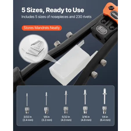 Pop Rivet Gun Kit, with 230 Blind Rivets, Two-Handed Riveter with 5 Interchangeable Nosepieces, 5 Drill Bits, and a Carrying Cas