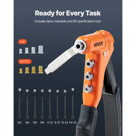 VEVOR Rivet Nut Tool Kit, 230 mm One-Handed Rivnut Tool Kit, with 8 Mandrels, a Step Drill Bit and 80 Nuts, Metric and SAE Size 
