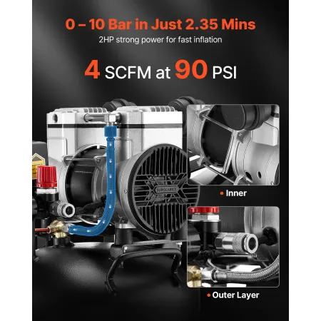 VEVOR 30L Air Compressor, 1.5KW 113L/min at 6.2 Bar Air Compressors, Max 10 Bar Pressure Oil-Free Compressor Tank for Auto Repai