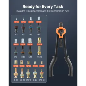 VEVOR Rivet Nut Tool Kit, 420 mm Rivnut Tool Kit, with 13 Mandrels and 130 Nuts, Metric and SAE Size M3, M4, M5, M6, M8, M10, M1