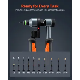 VEVOR Rivet Nut Tool Kit, 210 mm Ratchet Rivnut Tool Kit, with 10 Mandrels and 100 Nuts, Metric and SAE Size M5, M6, M8, M10, M1