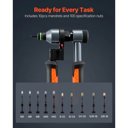 VEVOR Nittemøtrik Værktøjssæt, 210 mm Ratchet Rivnut Værktøjssæt, med 10 spindler og 100 møtrikker, metrisk og SAE størrelse