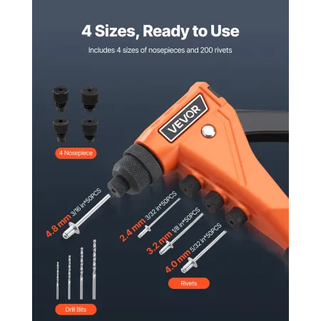 Pop Rivet Gun Kit, with 200 Blind Rivets, Heavy Duty Single Hand Riveter with 4 Interchangeable Nosepieces, 4 Drill Bits, and a 