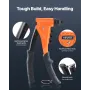 Pop Rivet Gun Kit, with 200 Blind Rivets, Heavy Duty Single Hand Riveter with 4 Interchangeable Nosepieces, 4 Drill Bits, and a 