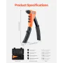 VEVOR Pop Rivet Gun Kit, with 200 Blind Rivets, Heavy Duty Single Hand Riveter with 4 Interchangeable Nosepieces, 4 Drill Bits, 