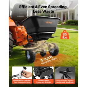 VEVOR Tow Behind Lawn Spreader, 3m Spreading Width, Garden & Lawn Spreader with Universal Hitch, 38.6kg Capacity & 10 in All-Ter