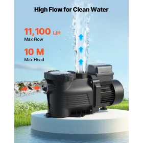 VEVOR Pool Pump, 400W, 11,100 L/H Max Flow Single Speed Swimming Pool Pump, AC 220-240V, 3450 RPM, 10 m Max Head, with 24-Hour T