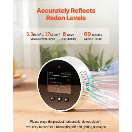 VEVOR Radon Detector for Home, 3.3Bq/m³ to 37kBq/m³, Portable Battery Powered Radon Meter & Air Quality Monitor, Color Display, 