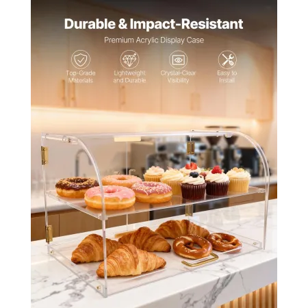 Bakery Display Case, 2-Tier Commercial Countertop Pastry Display Case, Clear Acrylic Bread Box for Kitchen, Party Cake Cabinet w