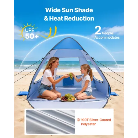 VEVOR Beach Tent Sun Shelter for 2 Person, UPF 50+ Protection, Portable Sun Shade Canopy with Carrying Bag & Sand Pockets, Light