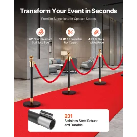 Stanchion Post, 6 Pcs Crowd Control Barrier Set with Red Carpet, 4 Red Velvet Ropes, Stainless Steel Gold Stanchion Post Queue w