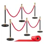 Stanchion Post, 6 Pcs Crowd Control Barrier Set with Red Carpet, 4 Red Velvet Ropes, Stainless Steel Gold Stanchion Post Queue w