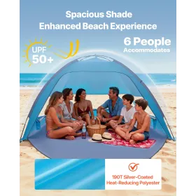 Beach Tent Sun Shelter for 6 Person, UPF 50+ Protection, Portable Sun Shade Canopy with Carrying Bag & Sand Pockets, Lightweight