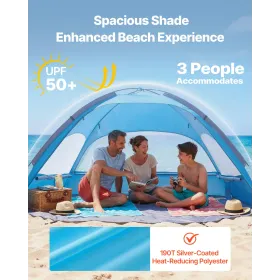 Beach Tent Sun Shelter for 3 Person, UPF 50+ Protection, Portable Sun Shade Canopy with Carrying Bag & Sand Pockets, Lightweight