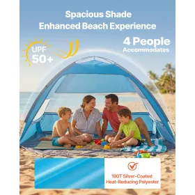 VEVOR Beach Tent Sun Shelter for 4 Person, UPF 50+ Protection, Portable Sun Shade Canopy with Carrying Bag & Sand Pockets, Light