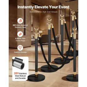 VEVOR Stanchion Post, 8 Pcs Crowd Control Barrier Set with 6 Black Velvet Ropes, Heavy Duty Stainless Steel Stanchion Post Queue