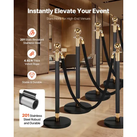 VEVOR Stanchion Post, 8 Pcs Crowd Control Barrier Set with 6 Black Velvet Ropes, Heavy Duty Stainless Steel Stanchion Post Queue