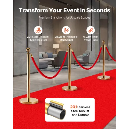 Stanchion Post, 6 Pcs Crowd Control Barrier Set with Red Carpet, 4 Red Velvet Ropes, Stainless Steel Gold Stanchion Post Queue w