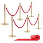 VEVOR Stanchion Post, 6 Pcs Crowd Control Barrier Set with Red Carpet, 4 Red Velvet Ropes, Stainless Steel Gold Stanchion Post Q