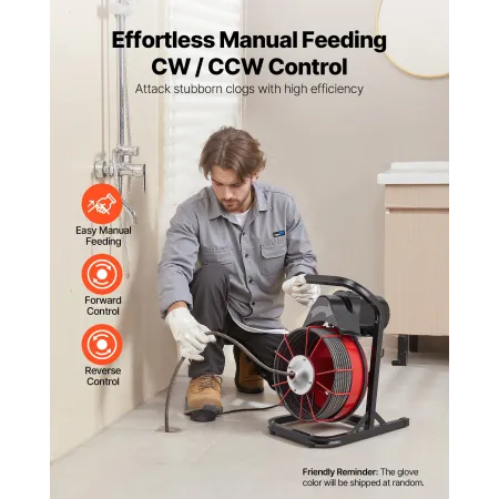 VEVOR Drain Cleaner Machine 15m x 13mm, Sewer Snake Auger Manual Feed with 4 Cutters & Air-activated Foot Switch for 50mm to 150