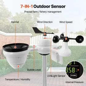 7-in-1 Wi-Fi Weather Station, 7.5 in Color Display, Home Weather Station Indoor Outdoor, with Solar Wireless Outdoor Sensor