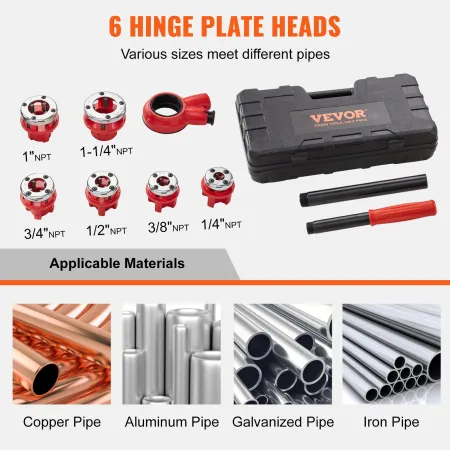 Ratchet Pipe Threader Kit, 6.4mm NPT - 32mm NPT Manual Ratcheting Pipe Threader, Portable Pipe Threading Tool Set with 6PCS NPT 