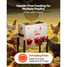 VEVOR Automatic Chicken Feeder, 13.61 kg Capacity, 6 Feeding Ports No-Waste Poultry Feeder, Automatic Gravity, with Adjustable H