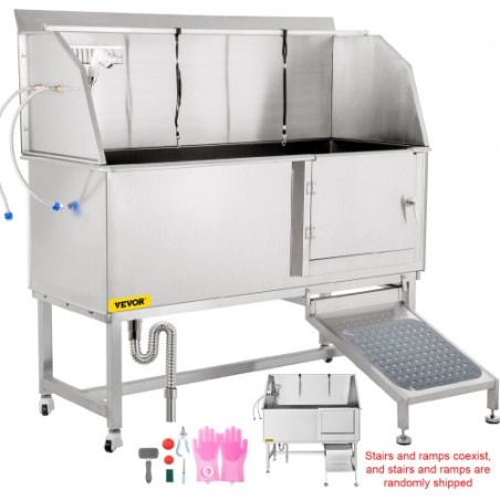 Dog Grooming Tub, 62" R Pet Wash Station, 304 Stainless Steel Pet Grooming Tub Rated 661LBS Load Capacity, Non-Skid Dog Washing