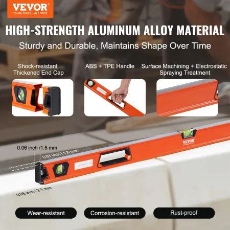 Magnetic Torpedo Level, 121.9/61.0/40.6/25.4 cm Mechanical Level Set, Bubble Vials Ruler for 45/90/180 Degree, Aluminum Alloy Le