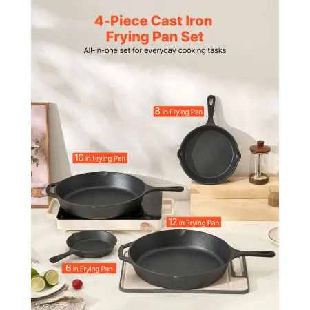 VEVOR Cast Iron Skillet, 4 Pcs Frying Pan Set (155, 205, 260, 305 mm), Skillets with Heat-Resistant Silicone Handle, Pre-Seasone