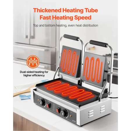 VEVOR Commercial Panini Grill, 3600W Electric Sandwich Panini Maker, Stainless Steel Double Sandwich Press, Panini Grill with Te