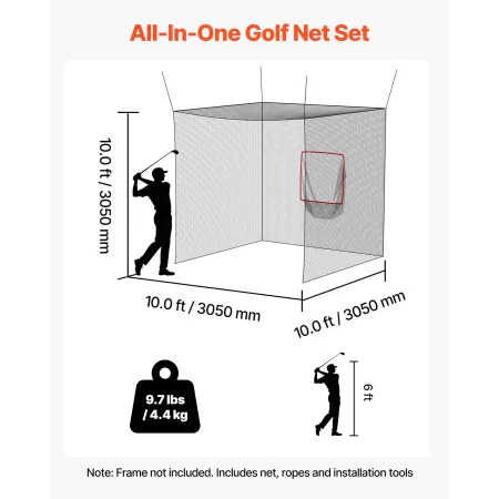 VEVOR Golf Batting Cage, 3050 x 3050 x 3050mm Golf Cage, Driving Hitting Cages with 3-Ply Knotless Polyester, Golfs Target & 9-H