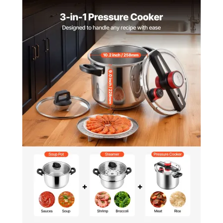 VEVOR Pressure Cooker, 11.3L Pressure Cooker Stainless Steel, Pressures Canner with Steaming Rack, Tempered Glass Lid, Three Pre