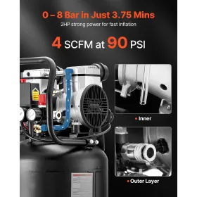 VEVOR 50L Air Compressor, 1.5 kW 113L/min at 6.2 Bar, Max 8 Bar Pressure Oil-Free Air Compressor Tank, Portable on Wheels for Au