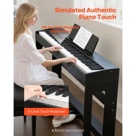Weighted Digital Piano, 88 Keys Fully Weighted, Electric Piano Keyboard with Furniture Stand, Power Adapter, Triple Pedal, Recor