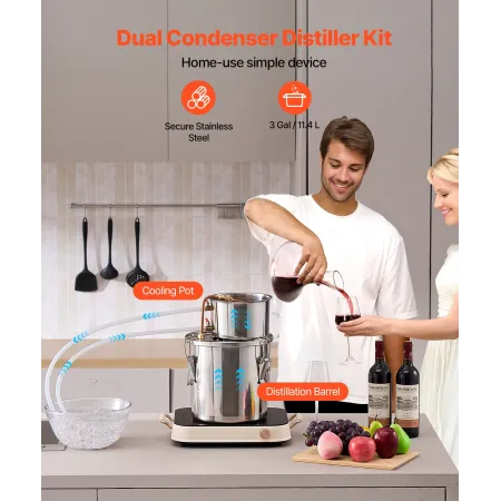 VEVOR Alcohol Still, 3 Gal / 11.4 L Stainless Steel Water Alcohol Distiller with Copper Coil, Home Brewing Refining Fermentation