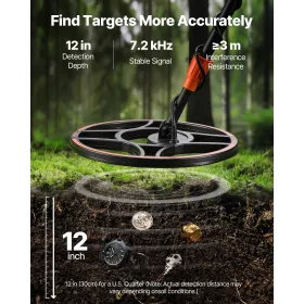 Waterproof Metal Detector, 304.8 mm, Professional High Accuracy Gold Detector for Adults, with Display, Wireless Headphones, 7 M
