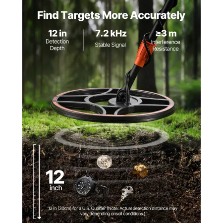 VEVOR Waterproof Metal Detector, 304.8 mm, Professional High Accuracy Gold Detector for Adults, with Display, Wireless Headphone
