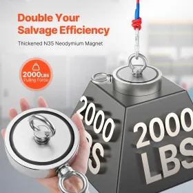 VEVOR Magnet fiskesæt, 2000 LBS/907 kg dobbeltsidet trækkraft stærk magnet fiskesæt, sjældne jordarters neodym magnetisk Fi