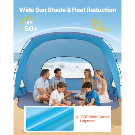 Beach Tent Sun Shelter for 6 Person, UPF 50+ Protection, Portable Sun Shade Canopy with Carrying Bag & Sand Pockets, Lightweight