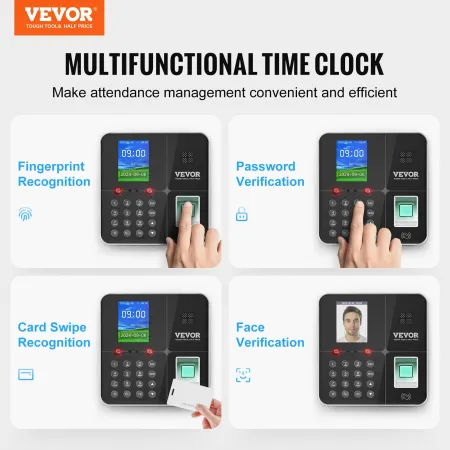 VEVOR Time Clock, Employee Attendance Machine with Face, Fingerprint, RFID Cards and PIN Punching in One, Standalone Biometric T